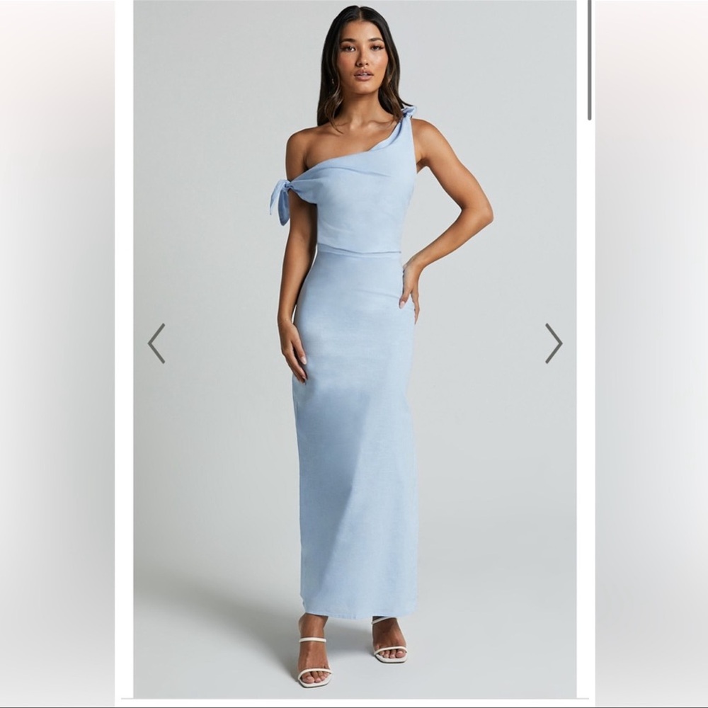 SHOWPO MIDI DRESS - OFF THE SHOULDER SIDE SPLIT COLUMN DRESS IN PALE BLUE
